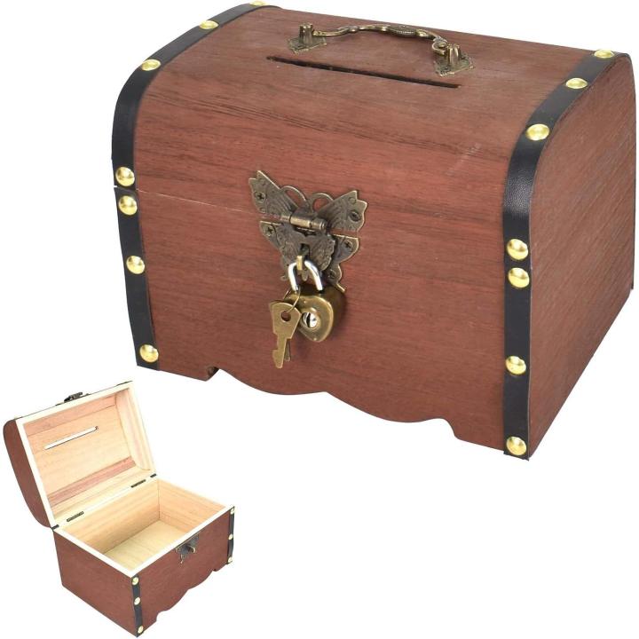 Cofre del Tesoro De Madera, 17.5 * 13 * 12.5cm Vintage de Madera Caja de Monedas Vintage, Caja de Madera Cofre del Tesoro Caja Pirata Cofre de Madera, con Cerradura y Llave para Almacenamiento