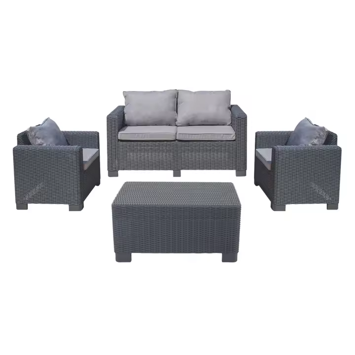7H SEVEN HOUSE - Conjunto de Jardín Exterior Menorca, Polipropileno, Incluye 1 Mesa, 2 Sillones, 1 Sofá Biplaza y Cojines, Para 4 Personas, Diseño Moderno, Protección UV, Antracita - 1