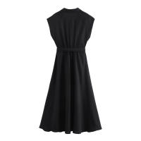 Vestido Midi Sin Mangas Estilo Camisa De Lino Mezcla Para Mujer Verano 2024 Con Cinturón Diseño Europeo Y Americano - details 3