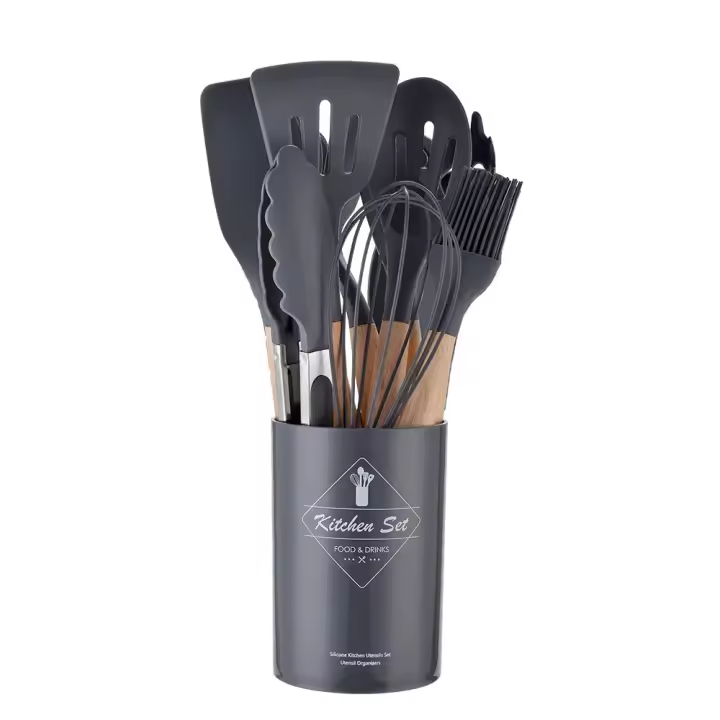 Juego De Utensilios De Cocina Ecológicos De Silicona 12PCS With Mango De Madera Espátula Pala Batidoras De Huevo Herramientas De Cocina No Adherentes - 1