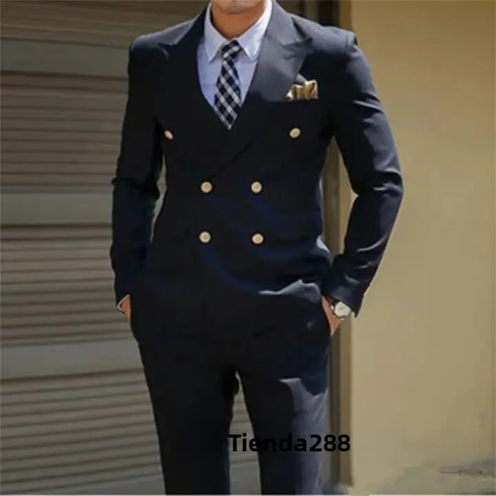 Traje Azul Oscuro 2024 Para Hombre Ajustado Personalizable Doble Botón 2 Piezas Traje De Boda Formal Negocios Conjunto De Chaqueta Y Pantalones - 1
