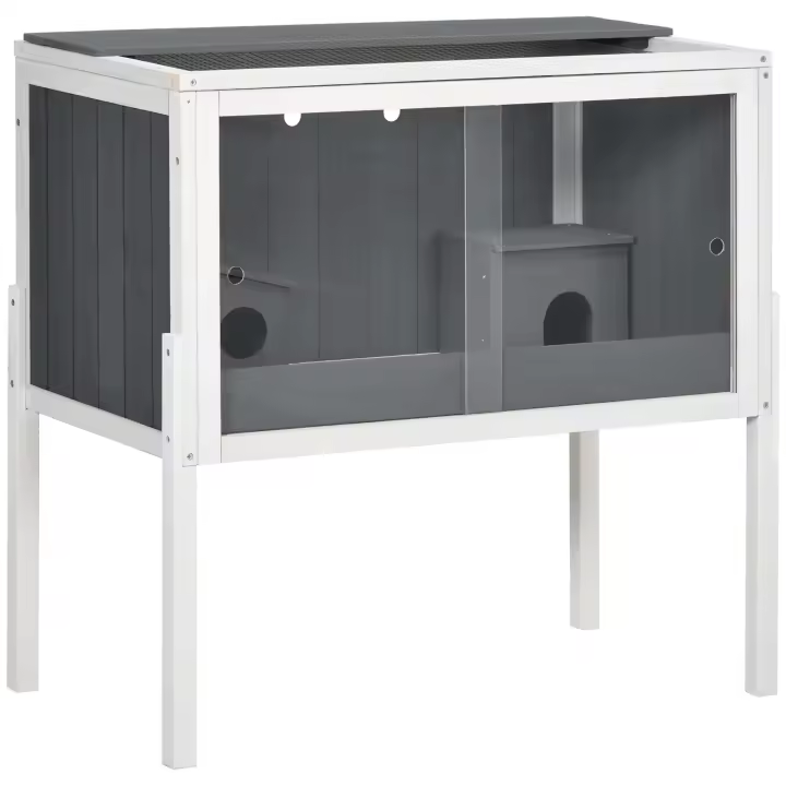 PawHut Jaula para Hámster de Madera 82x45x81 cm Casa para Roedores con 2 Puertas de Acrílico Estante Extraíble 2 Casitas para Animales Pequeños Gris Oscuro - 1