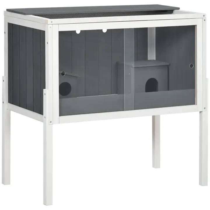 PawHut Jaula para Hámster de Madera 82x45x81 cm Casa para Roedores con 2 Puertas de Acrílico Estante Extraíble 2 Casitas para Animales Pequeños Gris Oscuro - 1