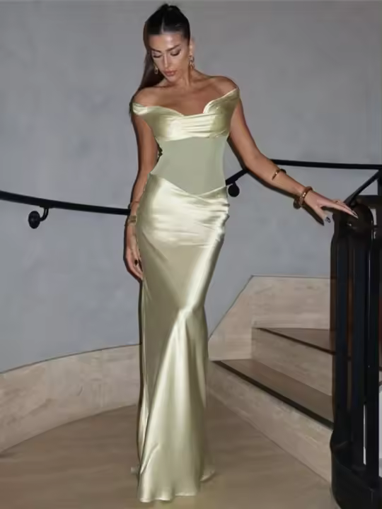 Vestido Maxi Sin Espalda Kliou Para Mujer Elegante Y Silky Simple De Hombros Descubiertos Sin Mangas Alineado Hasta La Rodilla Vestido De Fiesta De Calle Alta - 1