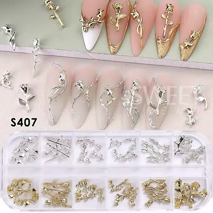 12 Grillas De Encantos De Uñas Punk Metálicos Con Rosas Florales Doradas Y Plateadas Joyería Vintage Para DIY Accesorios De Decoración De Jardín - 1