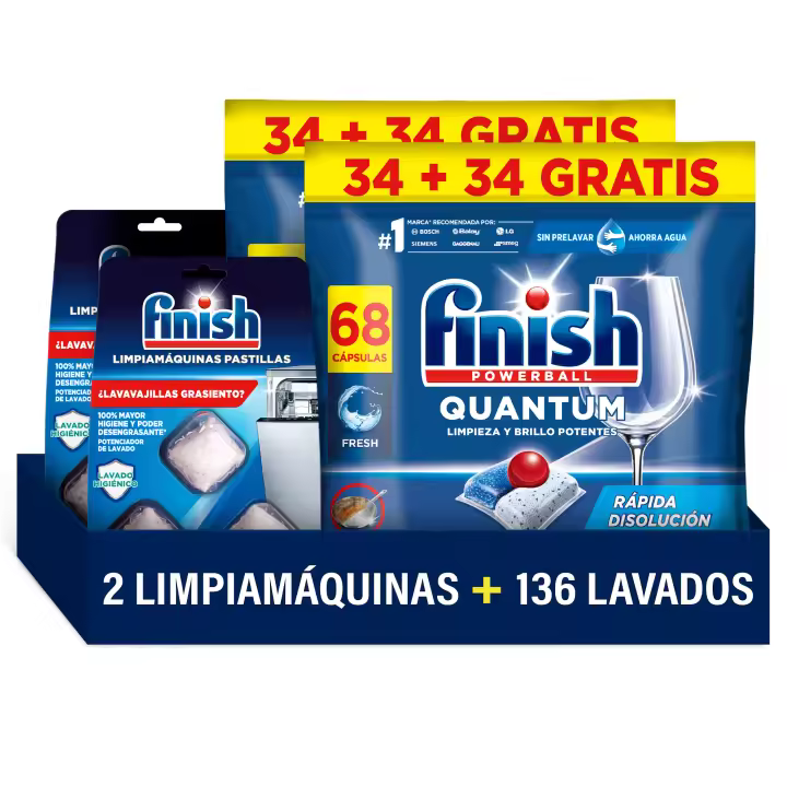 Finish Powerball Quantum 136 Pastillas para Lavavajillas + 6x Limpiamáquinas en Pastillas, Limpieza y Brillo Potentes, Aroma Regular Formato 2x68 - 1