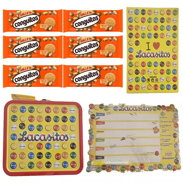 Pack escolar Lacasitos y Conguitos:6 galleta leche bolsa 50g,carpeta,planificador magnético,lata maletín - 1