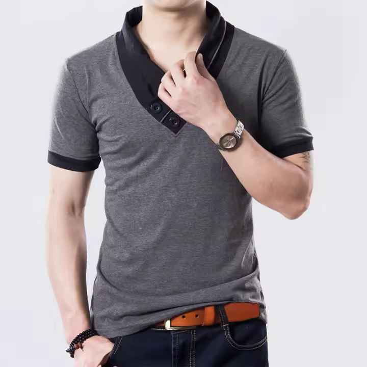 CASUMANL EU SIZE Summer Mens T-Shirts Fashion 2023 Slim Short Sleeve Patchwork V Neck Cotton Black T Shirt Men Button Tops - 1