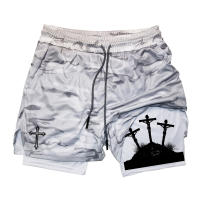 Shorts De Entrenamiento Para Hombres Con Estampado Cruzado Y Bolsillo Para Teléfono Y Anillo De Toalla Poliéster Transpirable Y Deportiva - details 16