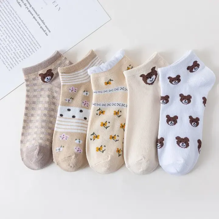 5 Pares De Calcetines Cortos Para Mujer Con Diseño De Oso Lindo Estilo Retro Y Delgado Para Primavera Y Verano Calcetines De Bote - 1