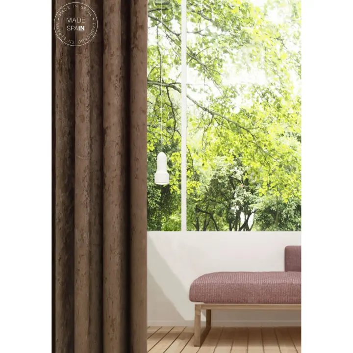 Cortina Arce de Terciopelo Suave. Esta cortina se presenta en dos opciones prácticas: ollados para un estilo clásico, y cinta multifunción (pasa barras y cinta fruncida) para mayor flexibilidad. - Color Marron - Ideal para Salón, Dormitorio y Cocina - 1