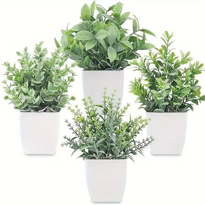 4pcs Simulación Bonsái Plantas Verdes Artificiales En Macetas Para Decoración De Hogar Dormitorio Sala De Estar Baño Estilo Rústico - 1