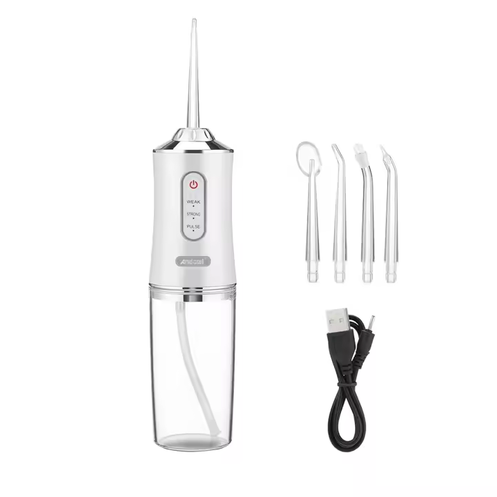 Irrigador Bucales Portatil, Irrigador Dental Portatil Viaje con 4 Boquillas 3 Modos,USB, 220ml Recargable Irrigador limpiador Dientes Agua Presion, IPX7 Impermeable - 1