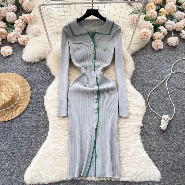 Vestido De Lana Elegante De Otoño Invierno Para Mujer Cintura Alta Botones Cuello Bajado Largo De Contraste Nuevo 2024 - 1