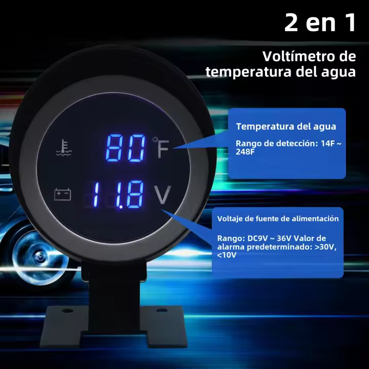 Gauge Digital LCD Para Coche 2 En 1 Con Medidor De Temperatura Y Voltaje Sensor De Temperatura Adaptador De Tubo Incluido - 1