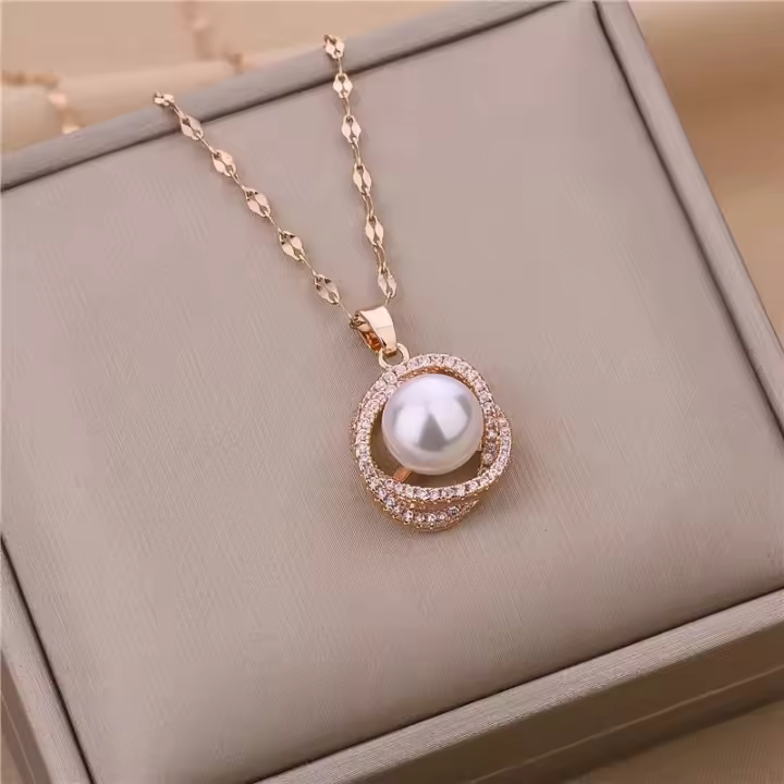 Nuevo Collar De Perla Imitación Pendentivo De Lujo 18K Dorado Para Mujer Estilo Retro Moda Acero Inoxidable Cadena Clavícula - 1