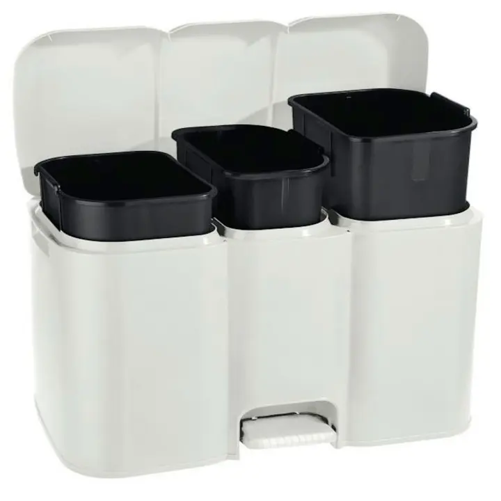 Cubo para basura triple con tapa y pedal de color blanco de 41,5 x 59,5 x 30 cm con capacidad de 40 litros. Pequeño contenedor especial para reciclaje para hogar. 3 contenedores en 1. - 1