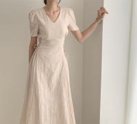 Vestido Largo De Algodón Y Lino Para Mujer Estilo Retro Vintage Con Manga Corta Diseño Sólido A-Line Cuello V Moda De Oficina - details 12