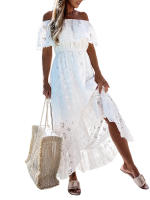 Vestido Casual Para Mujer Con Hombros Descubiertos Manga Corta Cintura Media Bordado De Encaje Color Sólido Irregular Vestidos - details 3