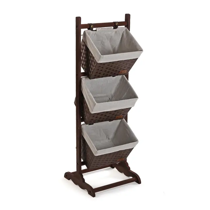 Versa - MUEBLE BAÑO 3 CESTAS MARRON OS  EN MADERA RATTAN Y ALGODÓN DE 35X35X102 CM - 1