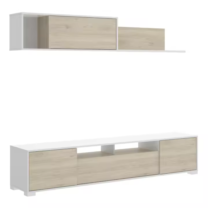 Dekit Conjunto de Salón TV - KEN - 180x200x41 - Blanco Brillo / Natural - Hasta 85 Pulgadas - 1