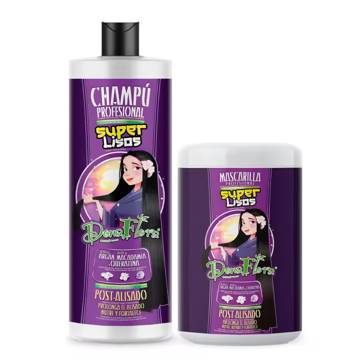 Pack Dona Flora Super Lisos: Champú 1000ml + Mascarilla Capilar 1000ml - Mantenimiento del alisado - Aceite de Argán, Aceite de Macadamia y Queratina  - Vendido por Beauty World Distributor - 1