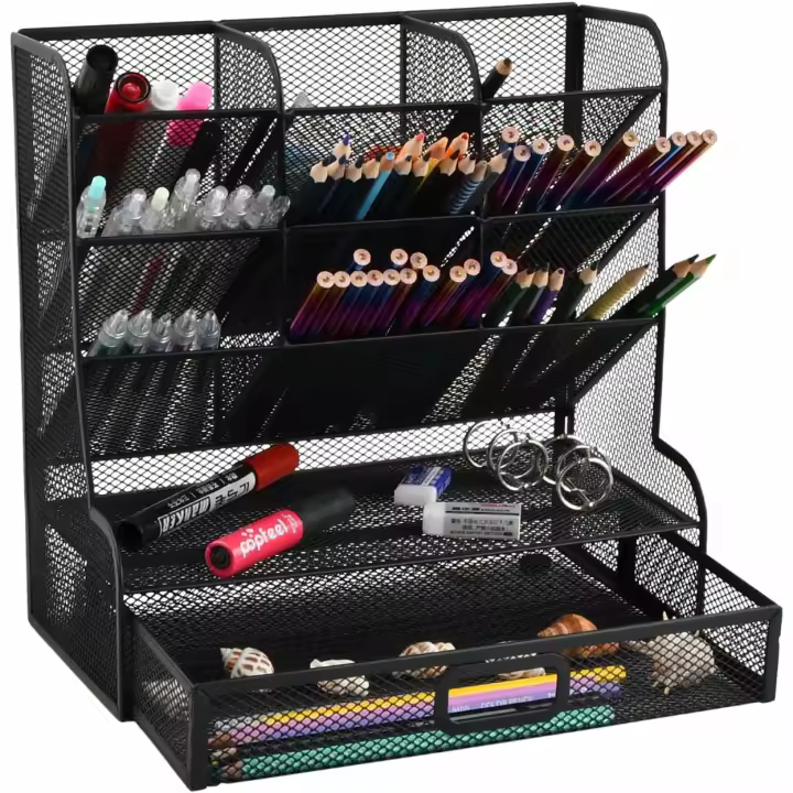 Organizador de Escritorio, Soporte de Lápices de Malla Metálico Negro, Organizador Material Escolar, Caja de Soporte de Bolígrafo Escritorio Multifuncional para Oficina, Organizador Lapices - 1