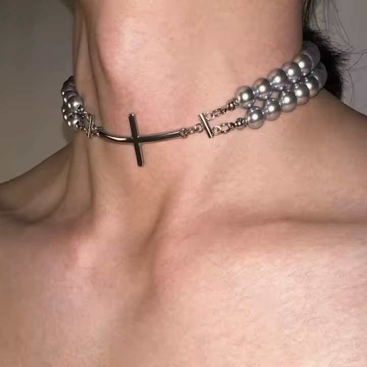 Collar De Moda Coreana Doble Perla Cruzado Punk Aesthetic Geométrico Para Mujer Joyería Y2K Accesorios De Perlas Gris - 1
