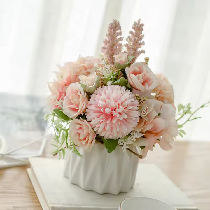 Bouquet De Flores Artificiales Hydrangea Y Rosas Silken Decoración Para Hogar Jardín Bodas Y Navidad Plantas Decorativas Con Vaso - 1