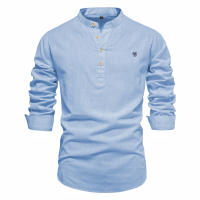 Camisa delgada de primavera y verano para hombre, moda informal, color sólido, talla europea, camisa de manga larga, top bordado de algodón y lino - details 1