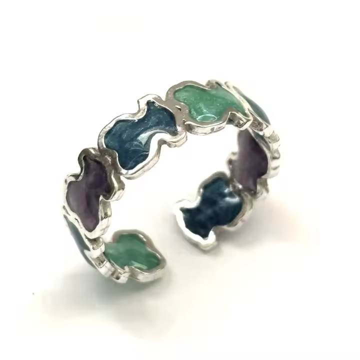 anillo usable plata de ley oso esmaltado en tonos verdeazules-40ycuatrojoyeria - 1