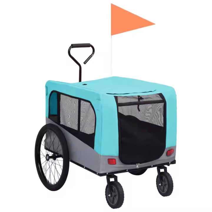 vidaXL Remolque de bicicleta para mascotas cochecito 2 en 1 azul gris - 1