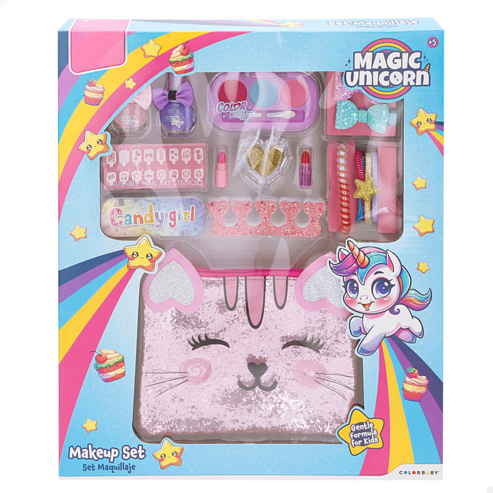 COLORBABY - Set maquillaje Magic Unicorn, con paleta de sombras, pintauñas, barra de labios, pegatinas, accesorios y neceser brillante, desde 5 años, productos cosméticos no tóxicos