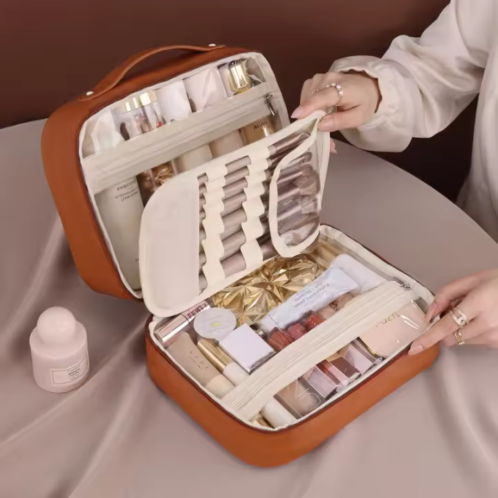 Bolso De Maquillaje Para Mujer Organizador De Viaje Impermeable De PU Cuero Con Compartment Multiuso Cierre De Cremallera - 1