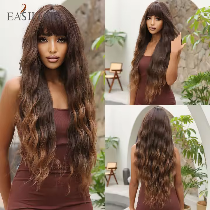 Pelucas Sintéticas Largas De Ombre Marrón Rubia Con Franja Para Mujeres Afro Peluca Cacheada Resistente Al Calor Para Uso Diario Cosplay - 1