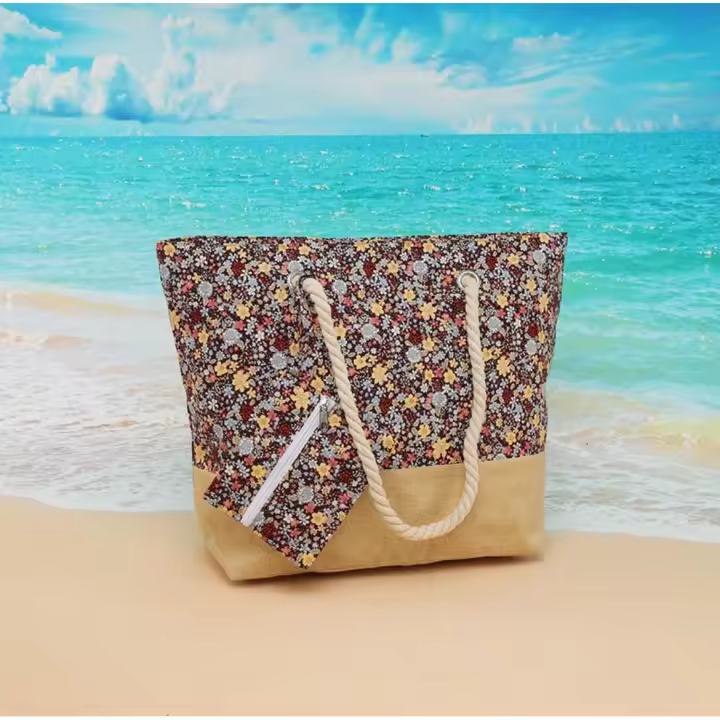 EILV - Bolso de Playa con Estampado Floral y Neceser a Juego – Base de Yute - 1