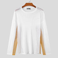 Camiseta De Hombre Con Parches De Malla Manga Larga Estilo Casual Streetwear Translúcida Suéter De Moda INCERUN - details 8