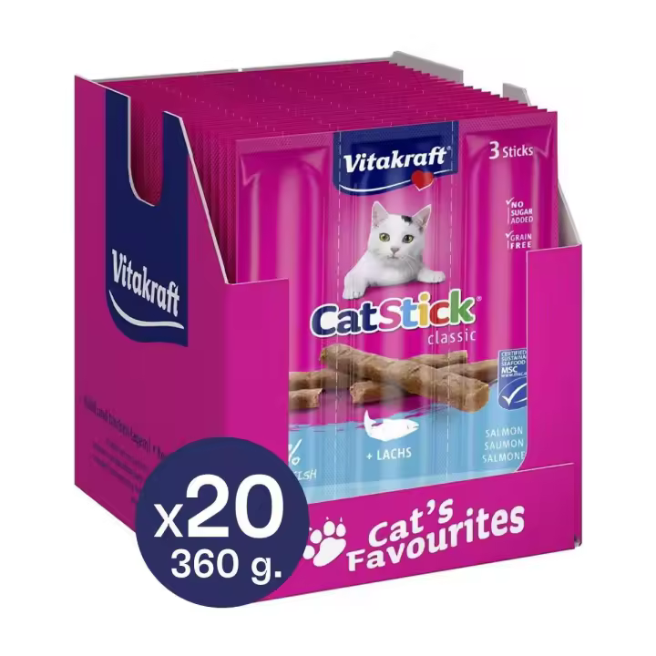 VITAKRAFT - Cat Stick Snack en Stick Para Gatos Sabor Salmón o Pato y Conejo Bajo en Calorías y Sin Azúcar (Pack 20x18g) - 1