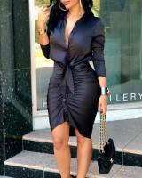 Vestido Midi Para Mujer Con Botones Manga Larga Pleated Bodycon Ruched Vestido De Camiseta Wrap Vestido De Fiesta Trabajo Oficina Lady - details 3