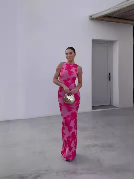 Vestido Maxi Elegante Para Mujer 2024 Sin Mangas Con Flores 3D Bordadas En Malla Ajustado Para Fiesta Moda Femenina - 1