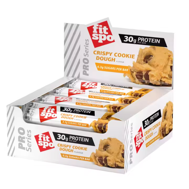 FitSpo PRO SERIES Barrita Proteica (Low Sugar) 85g X 12 unidades / 30g proteína / 1g azúcar / Dos deliciosos sabores: caramelo salado y cookie crujiente - 1
