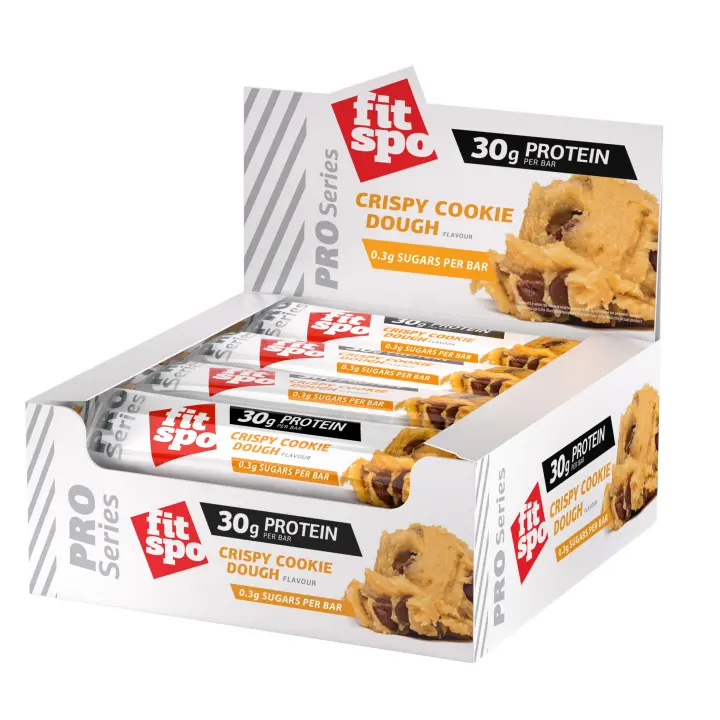 FitSpo PRO SERIES Barrita Proteica (Low Sugar) 85g X 12 unidades / 30g proteína / 1g azúcar / Dos deliciosos sabores: caramelo salado y cookie crujiente - 1