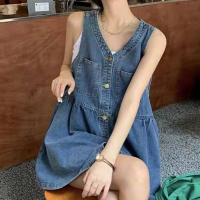Vestido Mini De Verano Para Mujer Estilo Coreano Sin Mangas Con Tirantes Y Bolsillos Denim A-Line Solapa Suelta Vestido De Corte Vintage - details 1