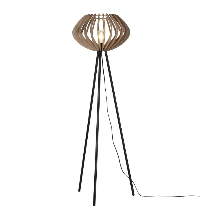 ALPINALUZ Lámpara de pie trípode madera "METTE", pantalla industrial, estilo bohemio moderno, con interruptor de pie, para sala E27. - 1