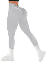 Pantalones De Yoga De Color Sólido Con Cintura Alta En V Y Costuras Sin Marcas Para Mujer Leggings De Gimnasio Y Correr Con Estiramiento Alto Tejidos En Ribete - details 6