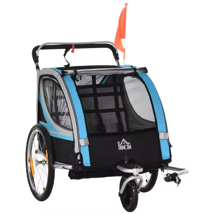 HOMCOM Remolque para Bicicleta Infantil 2 en 1, Remolque para Niños, Remolque para Bicicleta con Puerta de Malla, Rueda Delantera Giratoria 360°, Buggy con Freno, Remolque, Amarillo + Negro, 142 x 75 x 101 cm - 1