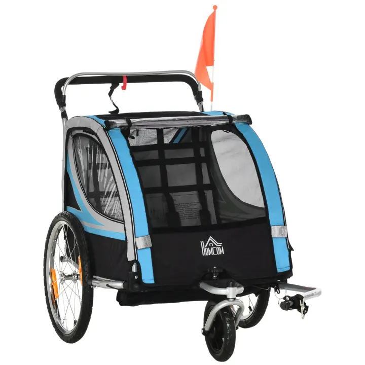 HOMCOM Remolque para Bicicleta Infantil 2 en 1, Remolque para Niños, Remolque para Bicicleta con Puerta de Malla, Rueda Delantera Giratoria 360°, Buggy con Freno, Remolque, Amarillo + Negro, 142 x 75 x 101 cm - 1