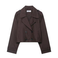 Chaqueta De Trench Corta Para Mujer Estilo Vintage Cuello Enrollado Manga Larga Abotonada Doble Botones Outerwear Chic Tops - details 1
