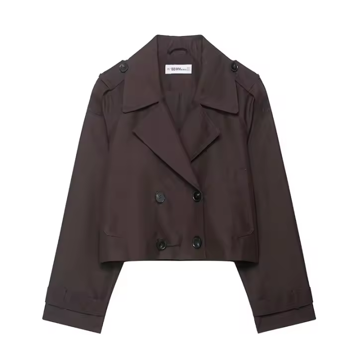 Chaqueta De Trench Corta Para Mujer Estilo Vintage Cuello Enrollado Manga Larga Abotonada Doble Botones Outerwear Chic Tops - 1