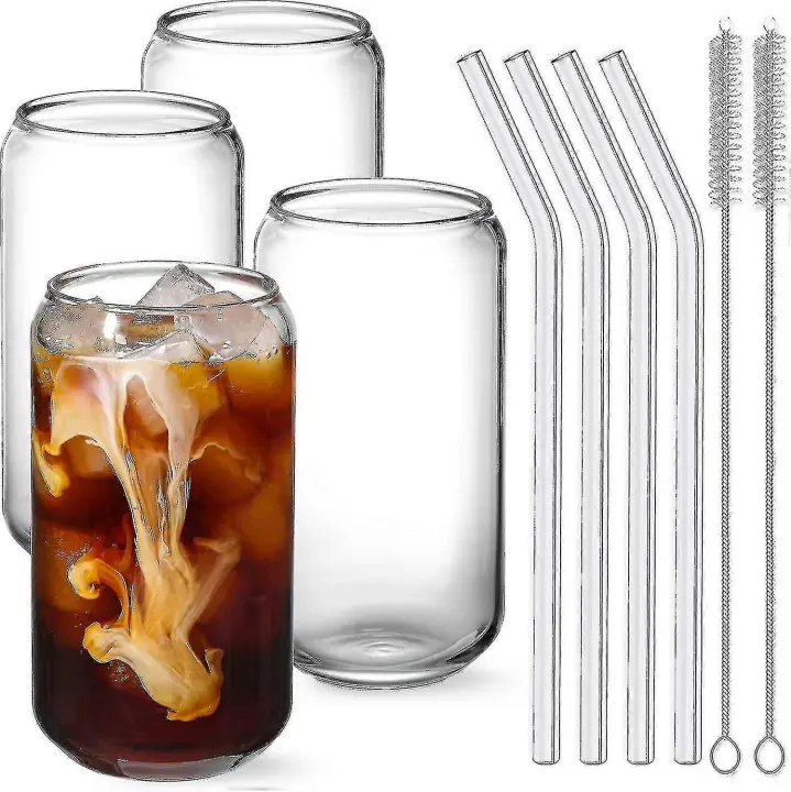 Juego de 4 vasos con pajita de cristal de 16 oz, con forma de lata, para cerveza, café helado, ideal para whisky. - 1